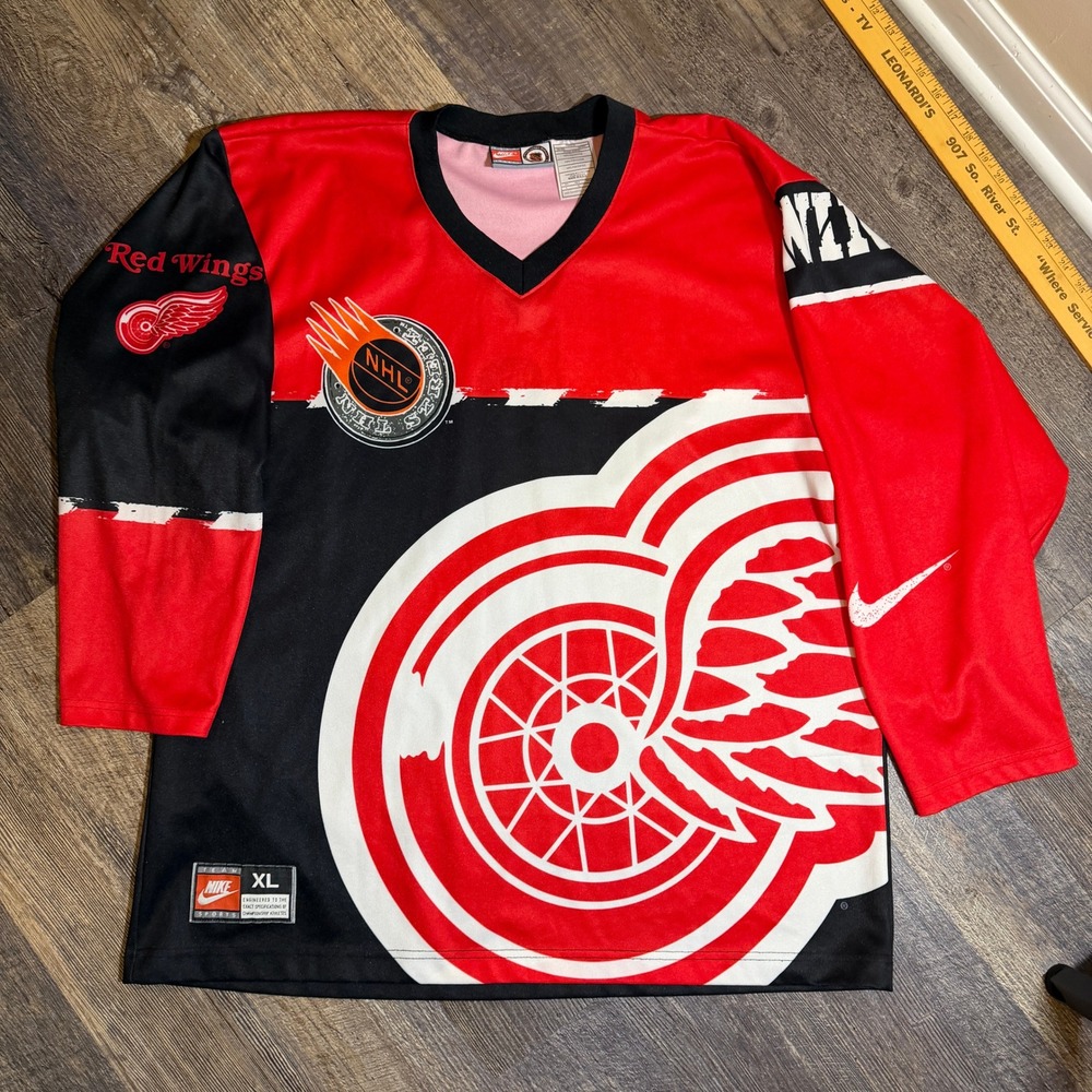Vintage 1990s Nike NHL Street Detroit Red Wings Hockey Jersey Red Black XL. PX
